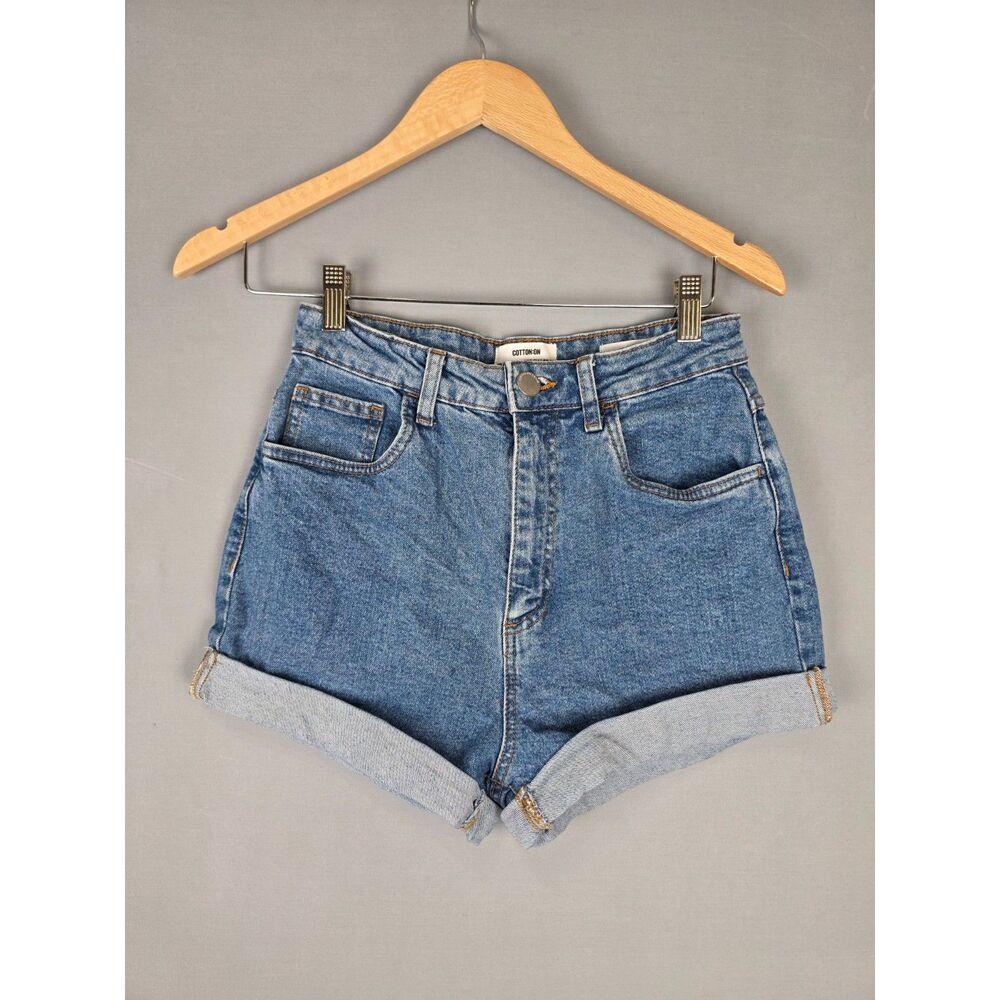 Cotton On High Rise Stretch Denim Shorts Jorts Size 6 Light Wash Cuffed Retro
